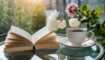 still life with a cup of coffee, saucer, flowers, food, teacup, morning, isolated, bouquet, AI genrat 