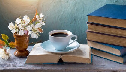 still life with coffee and book, morning, brown, caffeine, coffee cup, AI genrat 