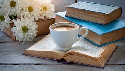 old book and cup of coffee, education, morning, breakfast, read, paper, books, hot, AI genrat 