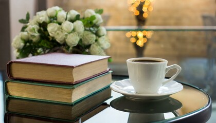 still life with a cup of coffee and books, flower, breakfast, saucer, isolated, flowers, hot, object, AI genrat 