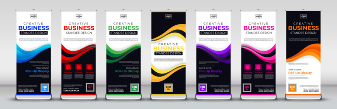 vertical roll up standee banner design for Streets, events, presentations, annual events, exhibitions in red, green, blue, yellow, orange, purple and orange