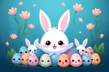 Obraz premium Lots of little Easter eggs and bunnies are ready to hide in the flower garden. Happy Easter.