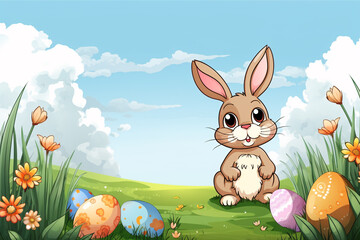Adorable bunny with Easter eggs on a flower meadow. Happy Easter.