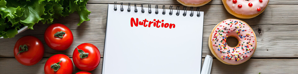 notepad with the word nutrition written in it and donuts next to it on a wooden rustic table , dietary concept
