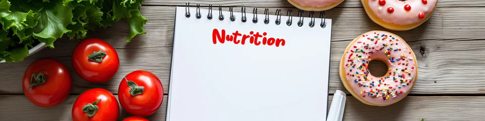 Foto op Plexiglas notepad with the word nutrition written in it and donuts next to it on a wooden rustic table , dietary concept  © sam richter