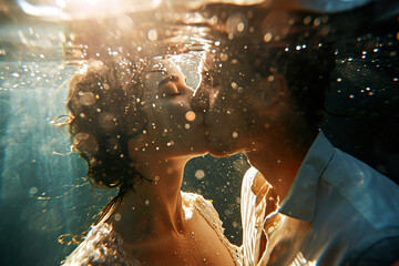 Submerged Romance: A Tender Moment as a Couple Shares a Kiss Beneath the Waves