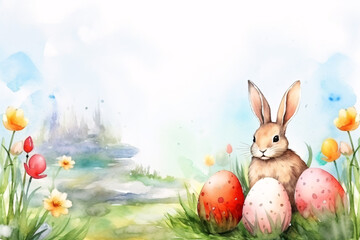 Fototapeta na wymiar A cute bunny with Easter eggs is hiding in the tall grass. Happy Easter. Watercolor style.