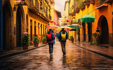 Young male and female backpackers travel the world