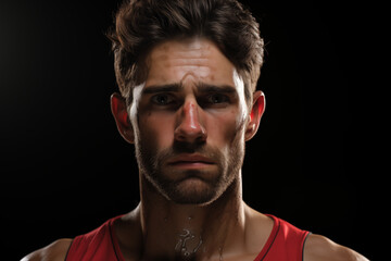 Close-up of a male athlete with a focused expression and a visible scratch on his face, set against a dark background.