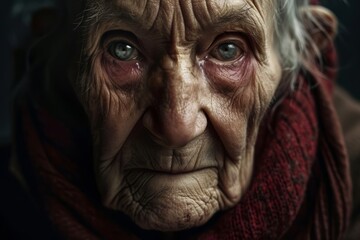 A compelling portrait of an elderly person woman with weathered features, capturing the wisdom and resilience that comes with a life marked by poverty. The use of natural light and a subdued color pal