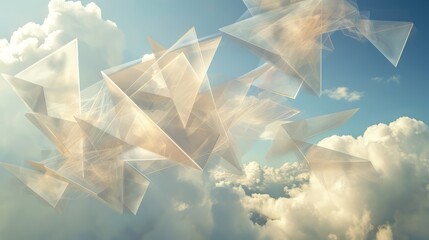 Abstract background image with polygonal shapes against blue sky with clouds. A composite image featuring floating geometric shapes against a wispy, cloud-filled sky. The translucent elements create a
