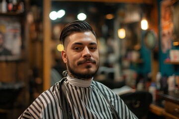 Handsome brunette bearded man sitting in the chair in barbershop and looking in the camera