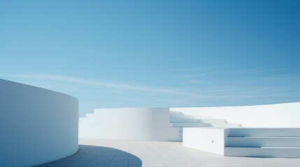 Minimalist architectural design featuring clean lines, white surfaces, and a clear blue sky, embodying modern simplicity and tranquility.