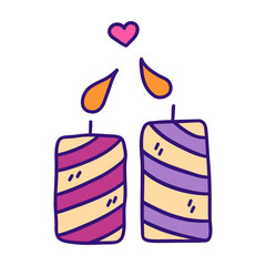 Two candles in love leaned their flames towards each other. Valentines day concept. Colorful vector isolated illustration hand drawn doodle clip art. February 14th, declaration of feelings