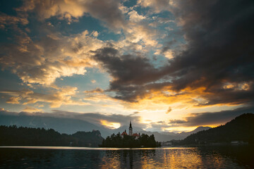 Amazing View On Bled Lake, Island,Church And Castle With Mountain Range