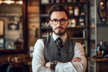 Handsome Caucasian bearded man wears suit and glasses standing in barbershop with crossed hands