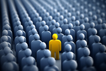 Yellow figure distinct among blue crowd, representing the search for the right person in HR, business strategy, and organizational psychology.