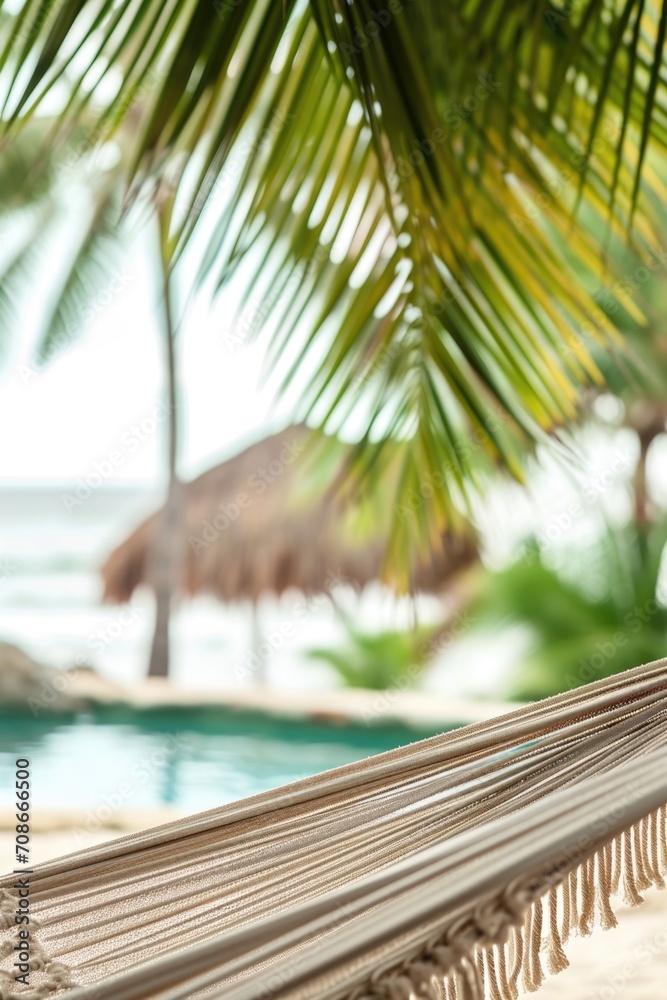 Poster A relaxing scene of a hammock hanging from a palm tree next to a swimming pool. Perfect for creating a tropical ambiance or showcasing a vacation destination
