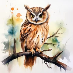 Küchenrückwand glas motiv an owl on a branch. watercolor © Natalja