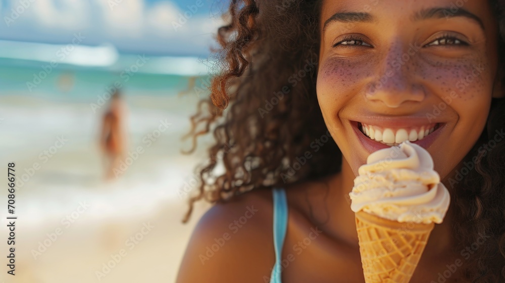 Canvas Prints A woman enjoying an ice cream cone while relaxing on the beach. Perfect for summer-themed projects and advertisements