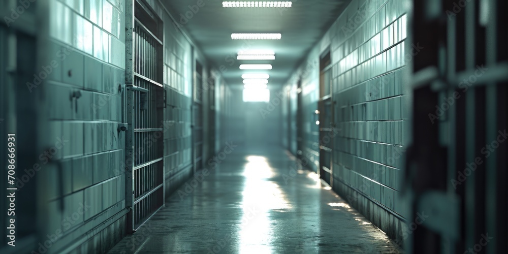 Poster a long hallway in a jail cell block. can be used to depict the atmosphere of a prison or in crime-re