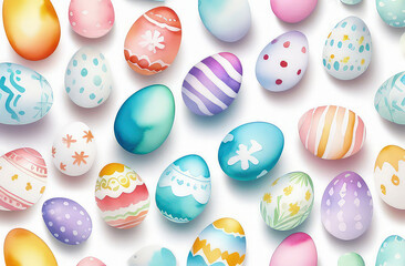 Fototapeta na wymiar Set of simple watercolor drawn multi-colored Easter eggs in pastel color isolated on isolated white background in uniform style