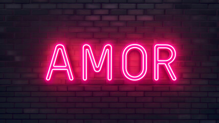 Neón de color rosa con la palabra AMOR n sobre un muro de ladrillo oscuro para el día de San Valentín