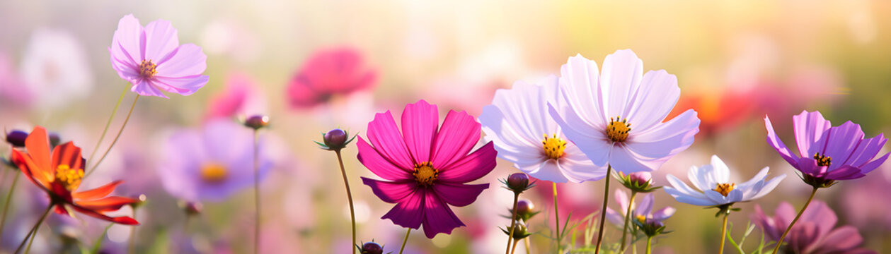 Beautiful colorful cosmos flowers over summer blurred nature background