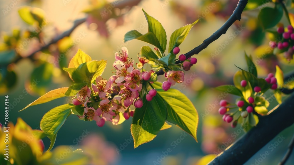 Poster A detailed view of a tree branch covered in beautiful flowers. Perfect for adding a touch of nature to any project or design