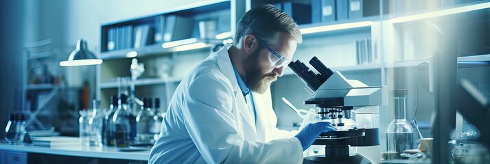 A focused scientist wearing glasses and lab coat analyzing specimens with a microscope in a high-tech, blue-toned laboratory. - obrazy, fototapety, plakaty