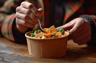 A person's hands are seen serving a vibrant, healthy vegan salad in a biodegradable bowl, emphasizing conscious eating and sustainability.