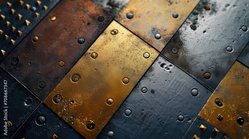 Poster a detailed view of a metal surface with visible rivets. perfect for industrial or mechanical themes