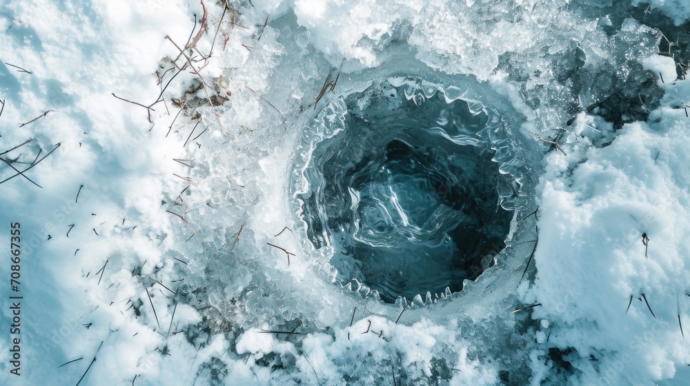 Poster a hole in the snow with a layer of ice on top. perfect for winter-themed designs or illustrations