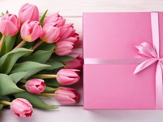 A beautiful bouquet of tulips and a gift box, symbolizing love and celebration, with ample copy space for personal messages.