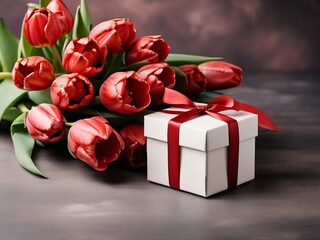  A beautiful bouquet of tulips and a gift box, symbolizing love and celebration, with ample copy space for personal messages.