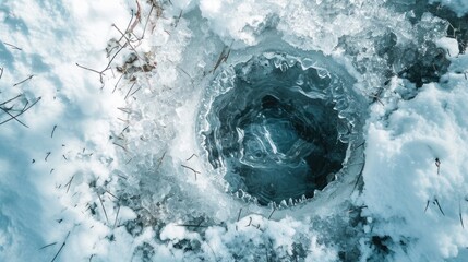 A hole in the snow with a layer of ice on top. Perfect for winter-themed designs or illustrations