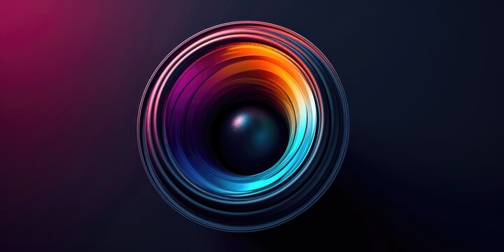 Camera lens with vibrant colors on a dark background. Can be used to depict photography, technology, or creativity