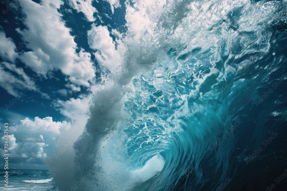 Poster a powerful and majestic wave crashing into the ocean. perfect for capturing the beauty and strength 