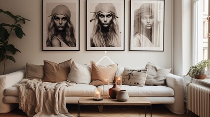 Posters in cozy apartment interior .