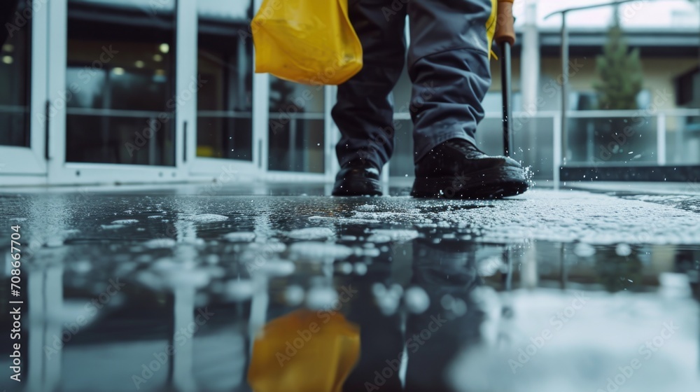 Poster a person walking in the rain with a yellow umbrella. suitable for weather-related designs and concep