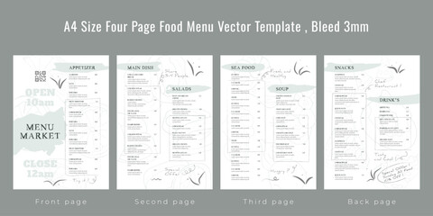 Restaurant cafe menu, template design, A4 size four page food menu template, Bleed 3mm - obrazy, fototapety, plakaty