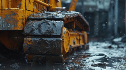 A close-up view of a yellow bulldozer in the snow. This image can be used to depict winter construction or heavy machinery in snowy conditions