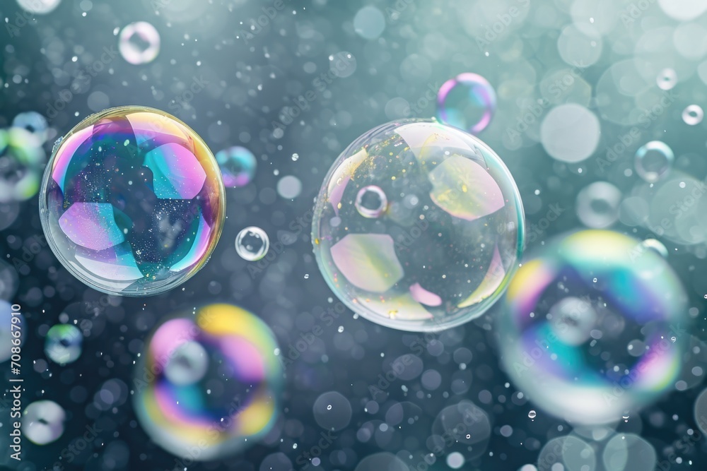 Poster A bunch of soap bubbles floating in the air. Perfect for adding a touch of whimsy to your designs