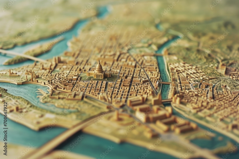 Poster a detailed close-up of a model representing a city. perfect for architectural projects or urban plan