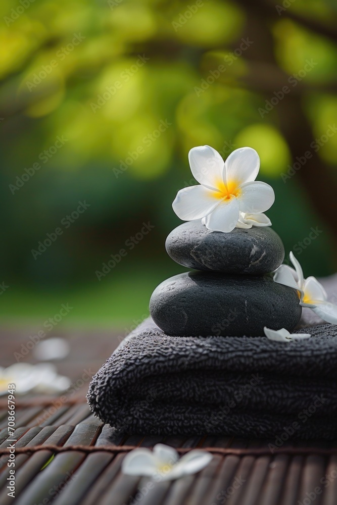 Poster a stack of black stones with a white flower placed on top. this image can be used to represent balan