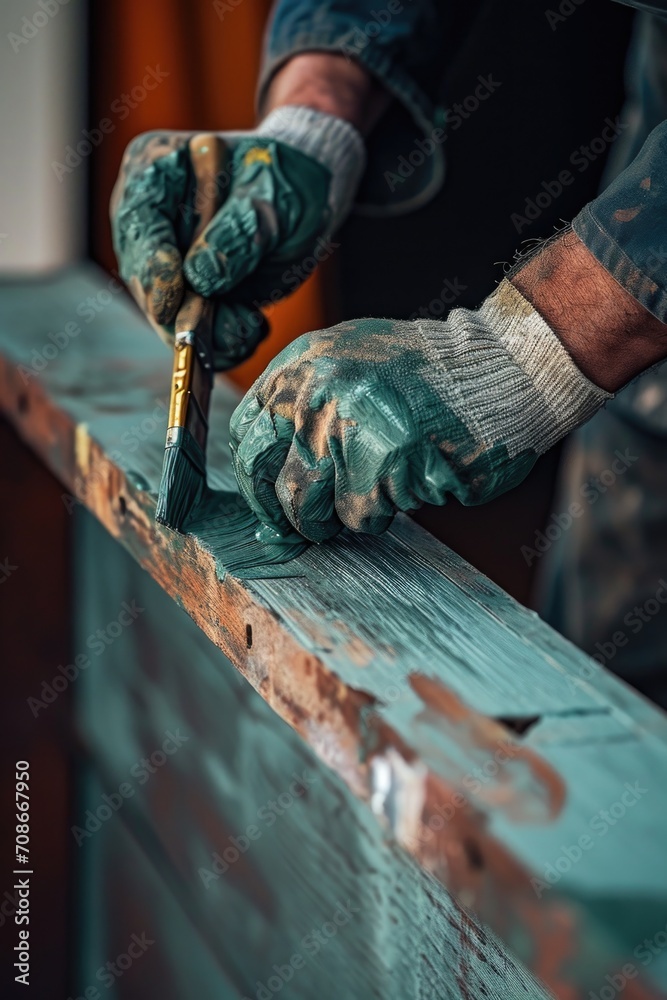 Poster close-up photo of a person using a paint brush on a piece of wood. can be used for various diy or ar