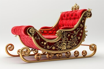 A red and gold sleigh sitting on top of a white floor. Perfect for holiday and winter-themed designs