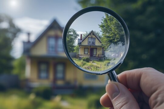 A person is holding a magnifying glass in front of a house. This image can be used to represent investigation, home inspection, or searching for clues