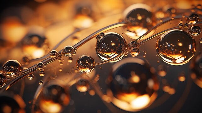 3d illustration of abstract golden background with water droplets and bubbles. Ai generative.