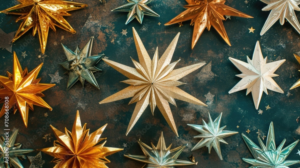 Poster A collection of gold and silver stars arranged on a table. Perfect for adding a touch of sparkle to your projects